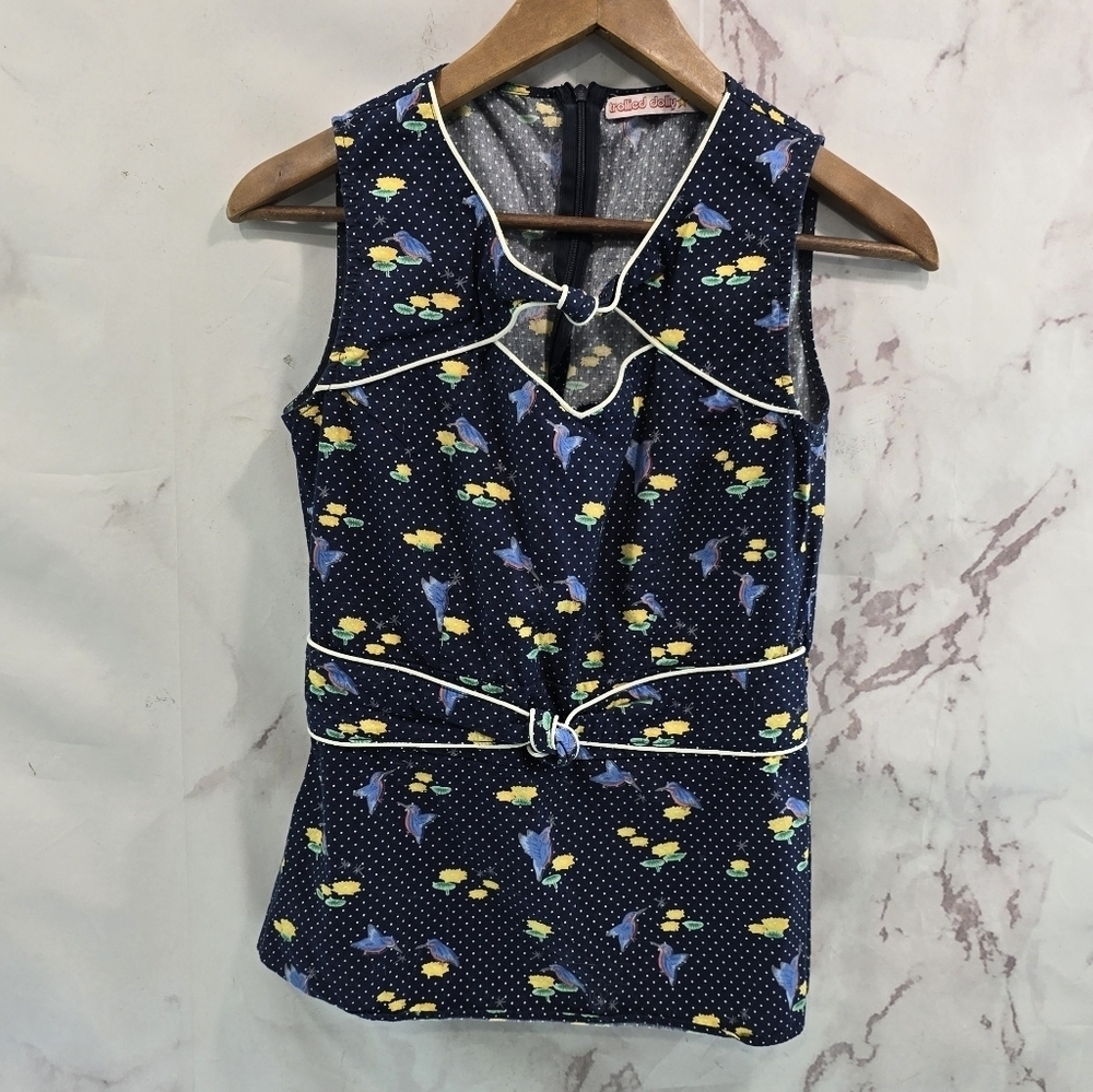 ModCloth Shirt Women Small Blue Pin Up Bird Floral Lilly Pad Trollied Dolly Tank